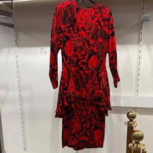 Vibrant Red and Black Floral Long Sleeve Dress